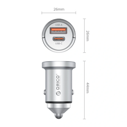 Orico MiniRing Pro Billaddare, 45W, 3A, 1 x USB-A - 1 x USB-C, Silver