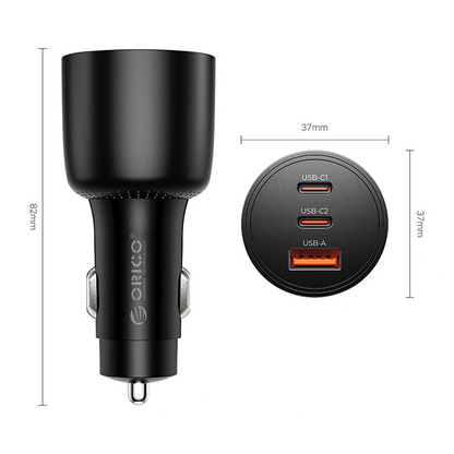 Orico PowerLink billaddare, 165W, 5A, 1 x USB-A - 2 x USB-C, Svart