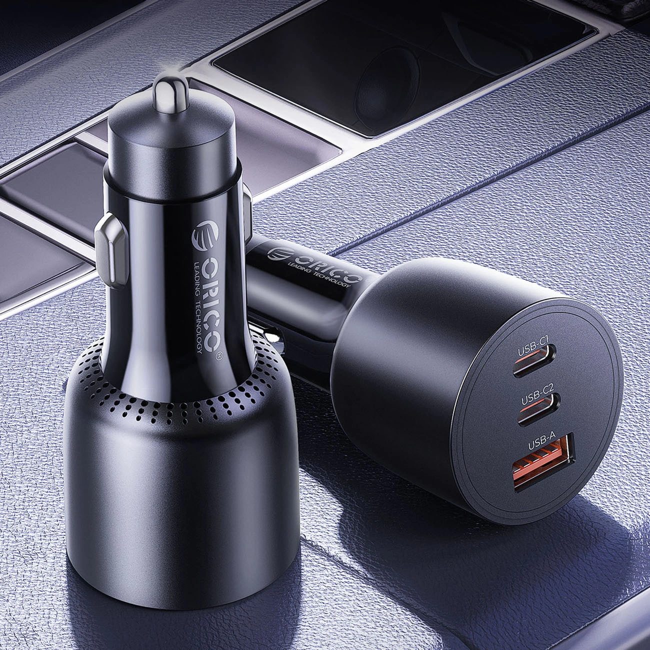 Orico PowerLink billaddare, 165W, 5A, 1 x USB-A - 2 x USB-C, Svart