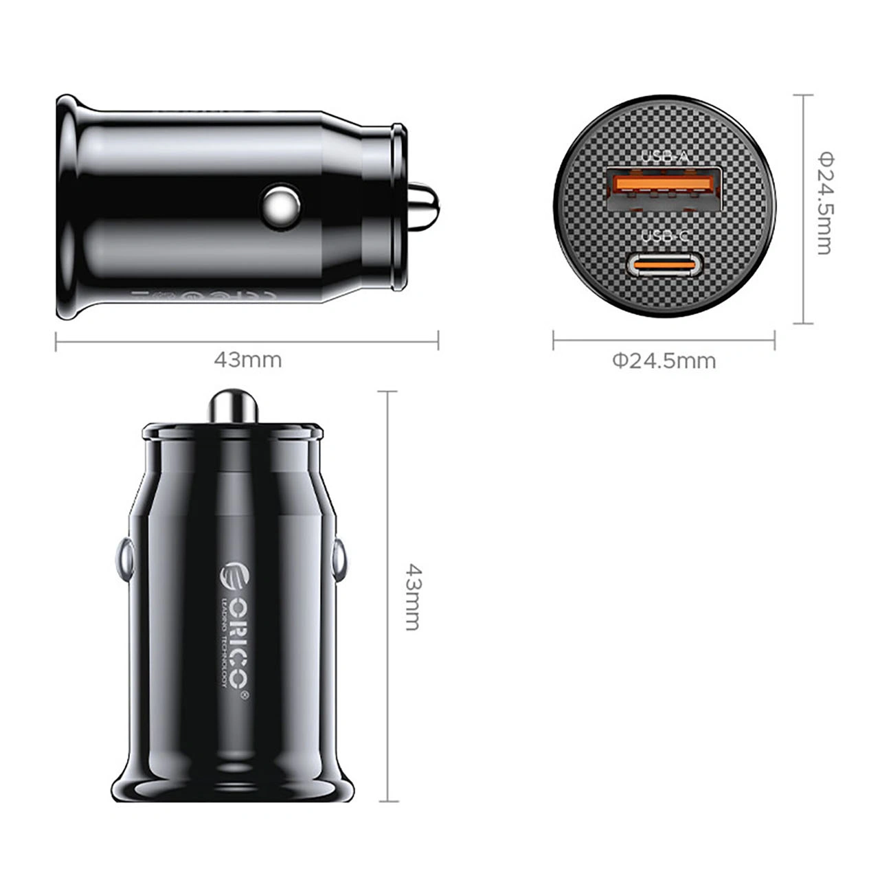 Orico PowerMini Billaddare, 30W, 3A, 1 x USB-A - 1 x USB-C, Svart