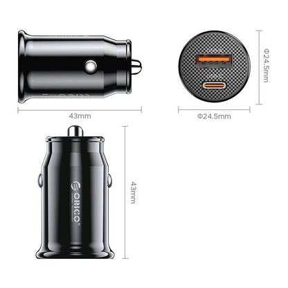 Orico PowerMini Billaddare, 30W, 3A, 1 x USB-A - 1 x USB-C, Svart