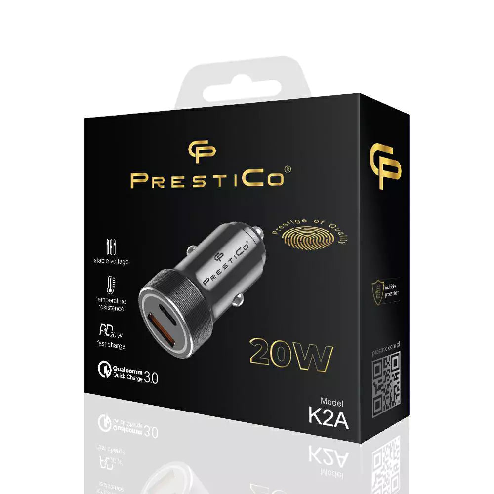 Bil laddare Prestico K2A, 20W, 3A, 1 x USB-A - 1 x USB-C, Svart
