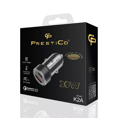 Bil laddare Prestico K2A, 20W, 3A, 1 x USB-A - 1 x USB-C, Svart
