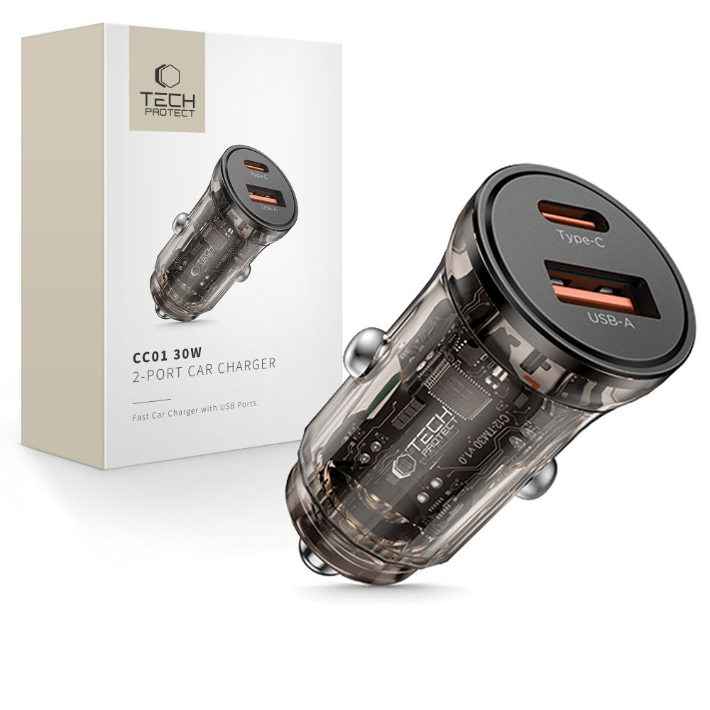 Tech-Protect CC01 billaddare, 30W, 3A, 1 x USB-A - 1 x USB-C, svart