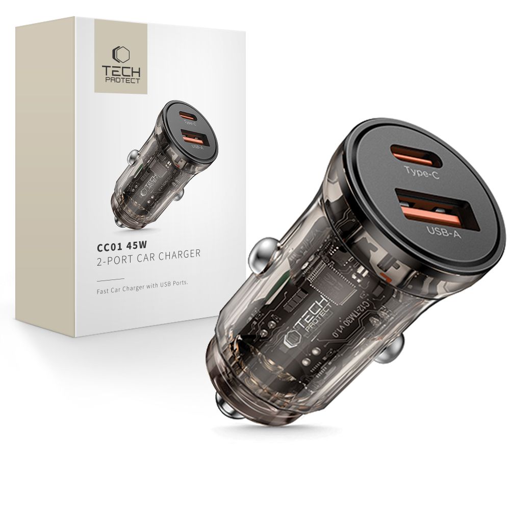 Tech-Protect CC01 billaddare, 45W, 5A, 1 x USB-A - 1 x USB-C, Svart