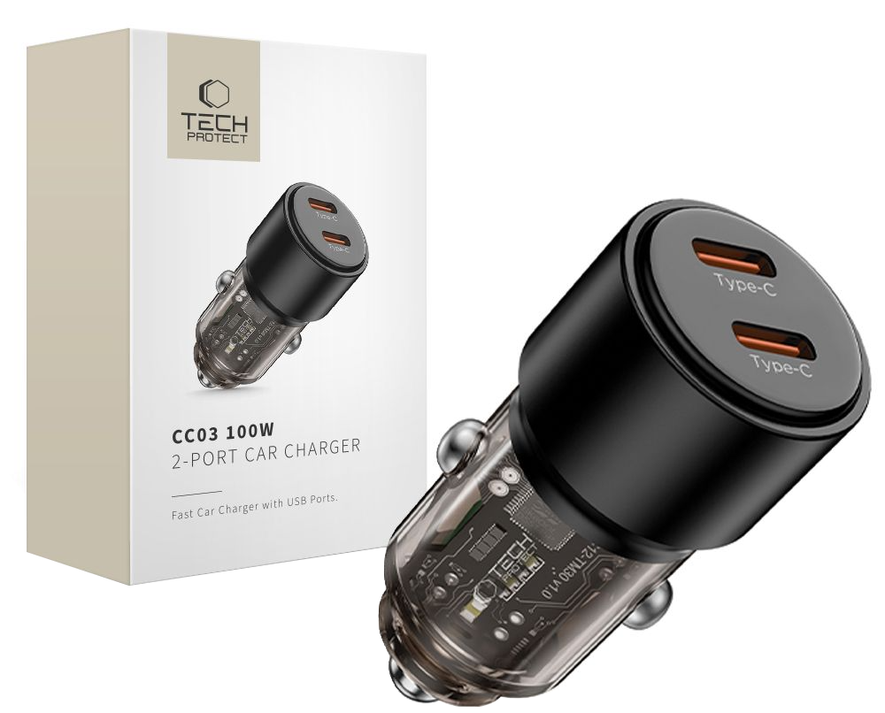 Tech-Protect CC03 billaddare, 100W, 3,25A, 2 x USB-C, svart