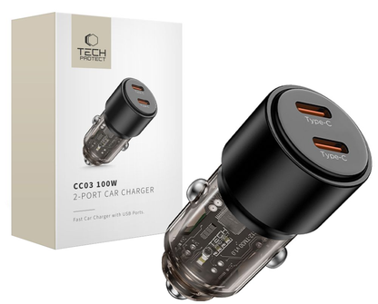 Tech-Protect CC03 billaddare, 100W, 3,25A, 2 x USB-C, svart