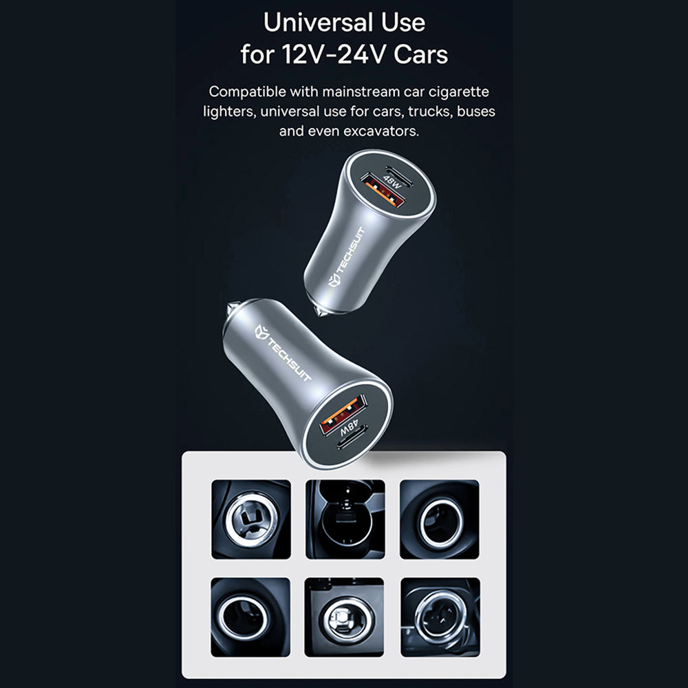 Bil laddare Techsuit C3 RescueVolt, 48W, 3A, 1 x USB-A - 1 x USB-C, Grå