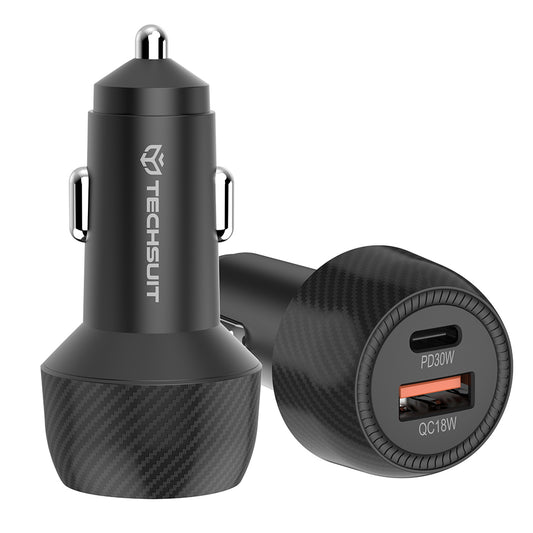 Bil laddare Techsuit C7 CarbonVolt, 48W, 3A, 1 x USB-A - 1 x USB-C, Svart