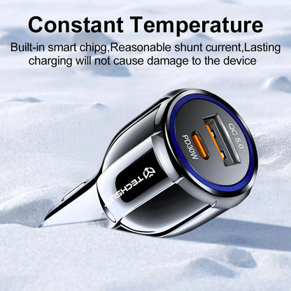 Bil laddare Techsuit TE-022 Premium, 60W, 3A, 1 x USB-A - 1 x USB-C, Svart