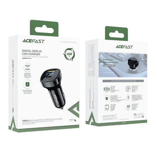 Bil laddare Acefast B4, 66W, 3A, 1 x USB-A - 1 x USB-C, Svart