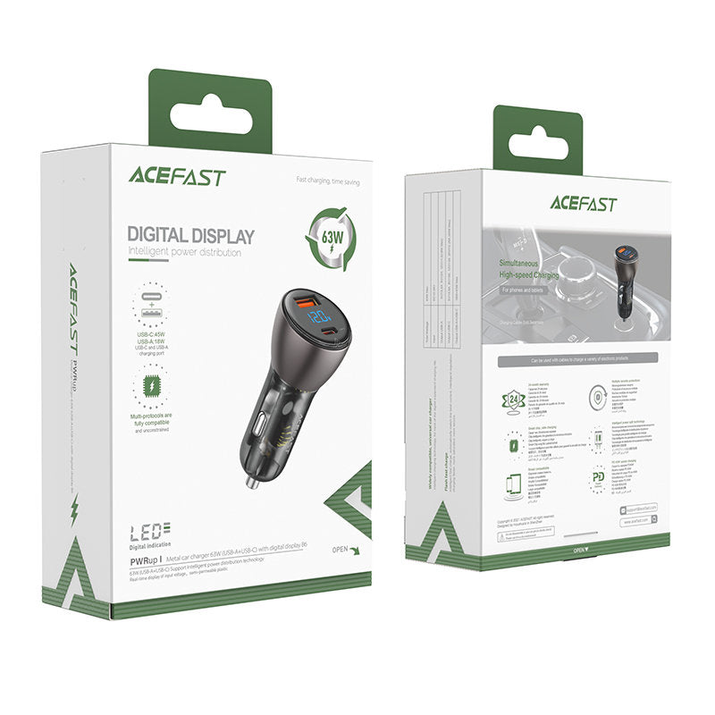 Acefast B6 billaddare, 63W, 3,6A, 1 x USB-A - 1 x USB-C, svart