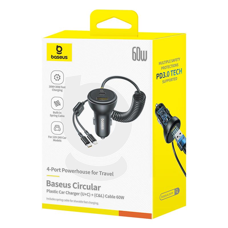 Bil laddare med USB-C / Lightning-kabel Baseus Circular, 60W, 3A, 1 x USB-A - 1 x USB-C, Svart C00035902121-00