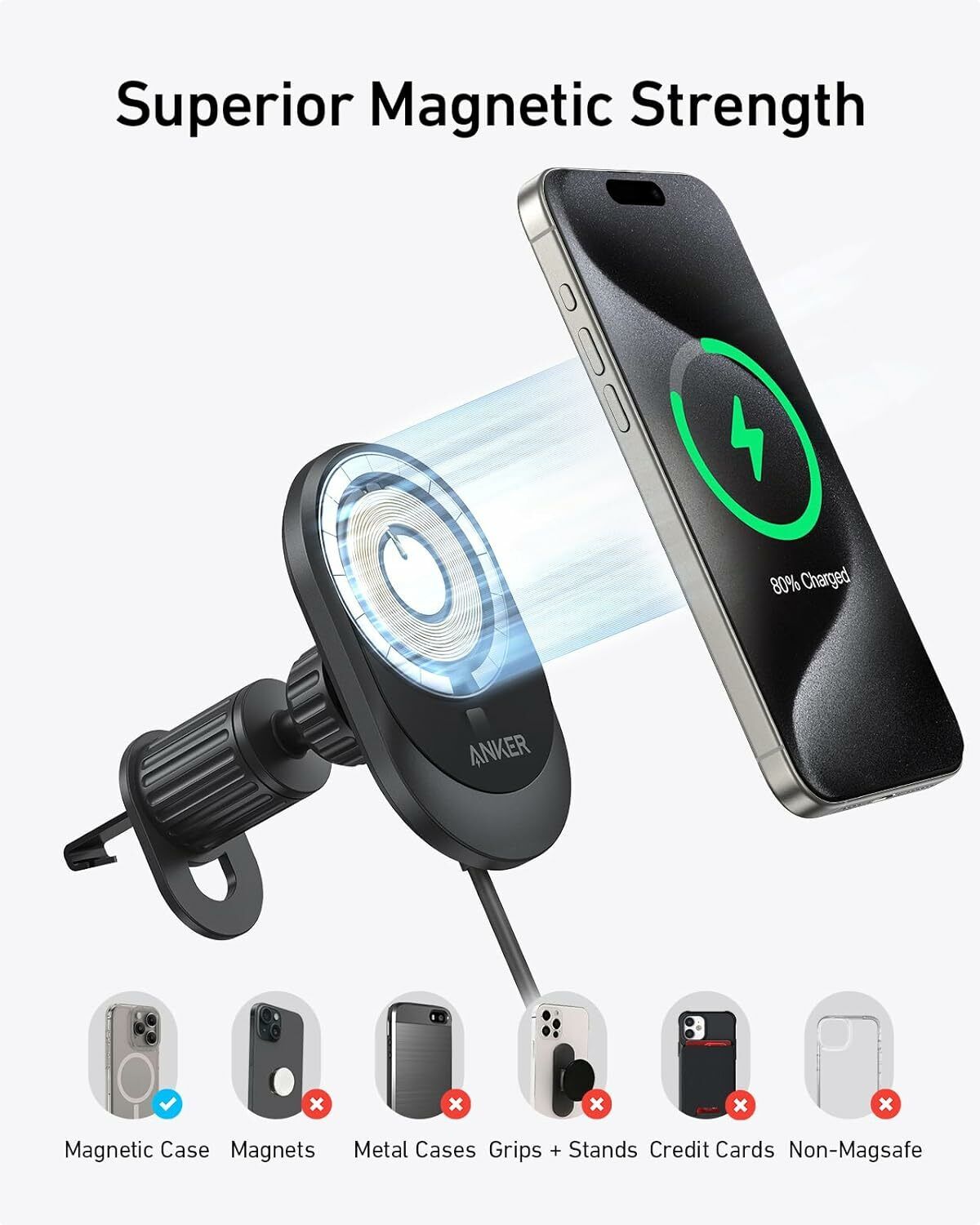 Anker MagGo trådlös billaddare, 15W, 1.67A, Svart B2932G11