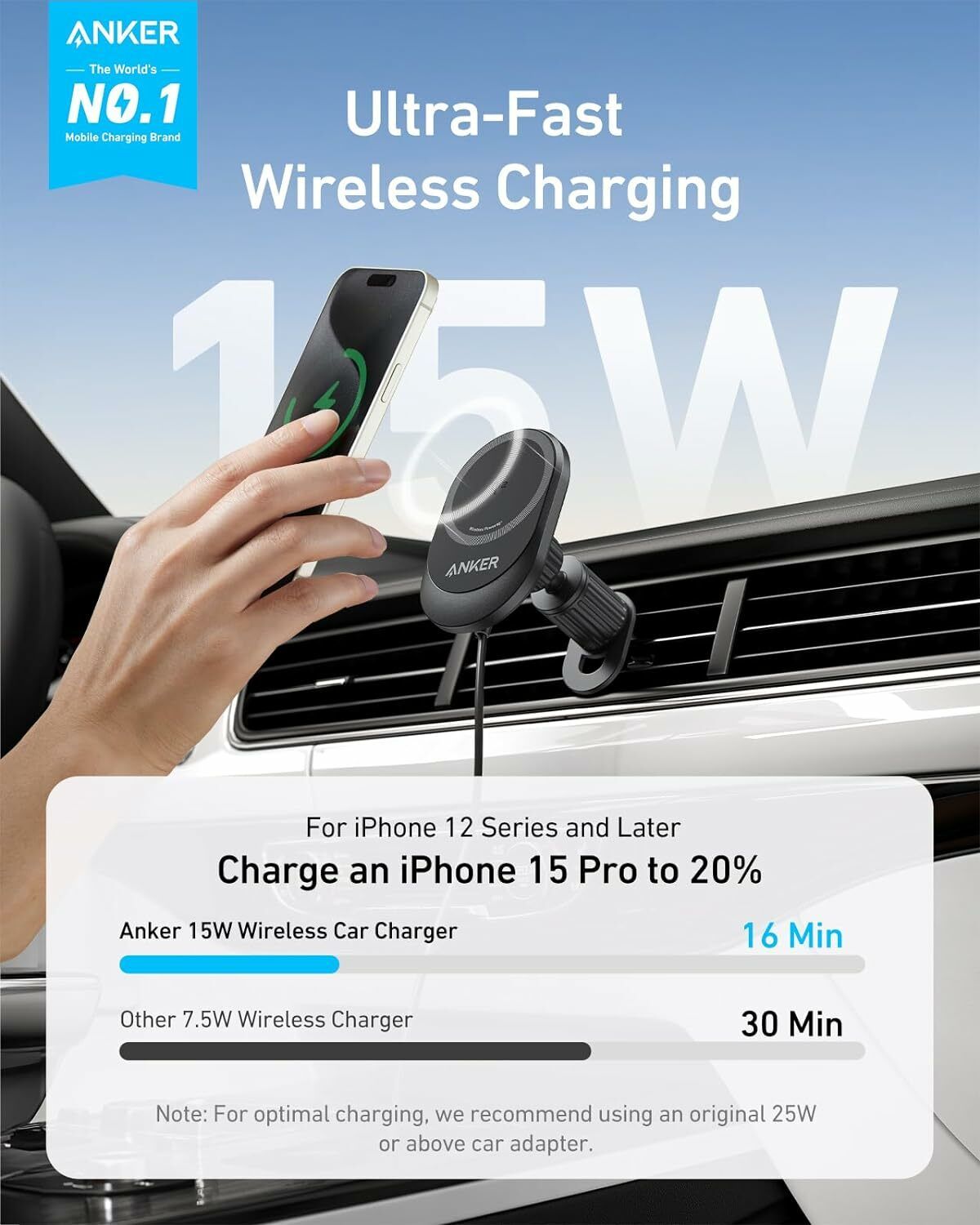 Anker MagGo trådlös billaddare, 15W, 1.67A, Svart B2932G11