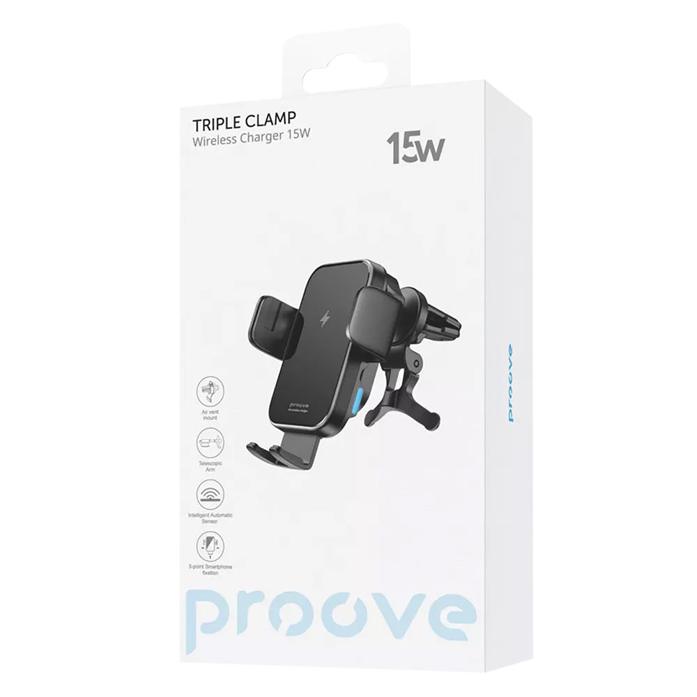 Proove Triple Clamp Wireless Car Charger, 15W, 1.67A, Black WHTC15010001