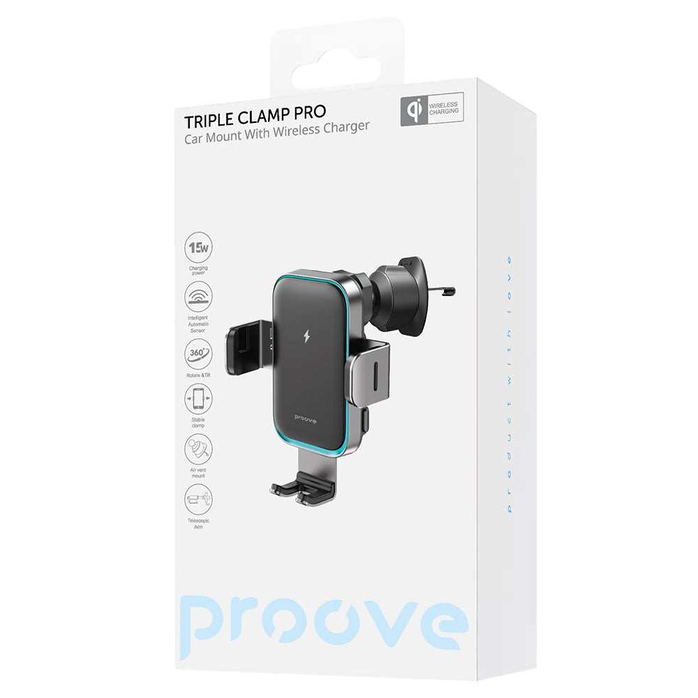 Trådlös Bilhållare Proove Triple Clamp Pro, 15W, 1.67A, Grå WHTP15010004