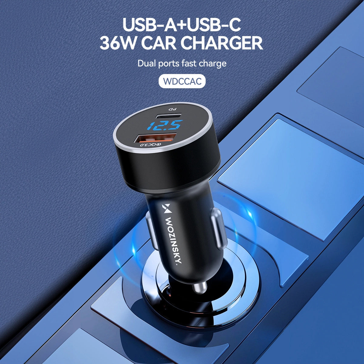 Billaddare WZK WDCCAC, 36W, 3A, 1 x USB-A - 1 x USB-C, Svart 
