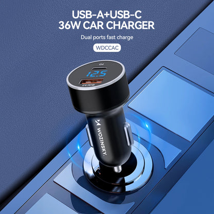 Billaddare WZK WDCCAC, 36W, 3A, 1 x USB-A - 1 x USB-C, Svart 