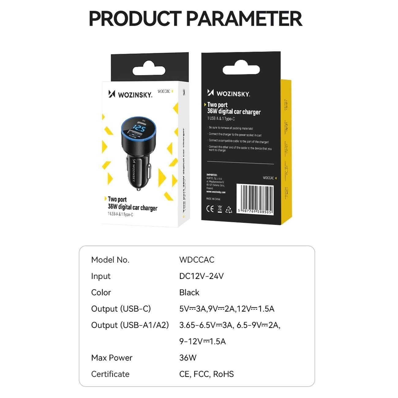 Billaddare WZK WDCCAC, 36W, 3A, 1 x USB-A - 1 x USB-C, Svart 
