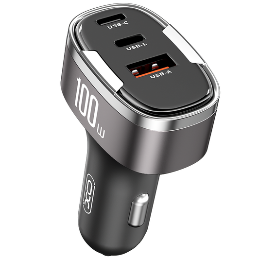 Bil laddare XO Design CC61, 100W, 3A, 1 x Lightning - 1 x USB-A - 1 x USB-C, Grå