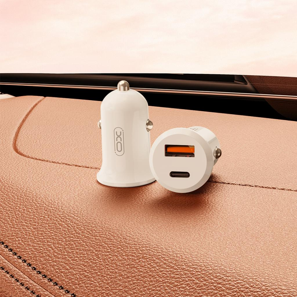 Bil laddare XO Design CC69, 30W, 3A, 1 x USB-A - 1 x USB-C, Vit