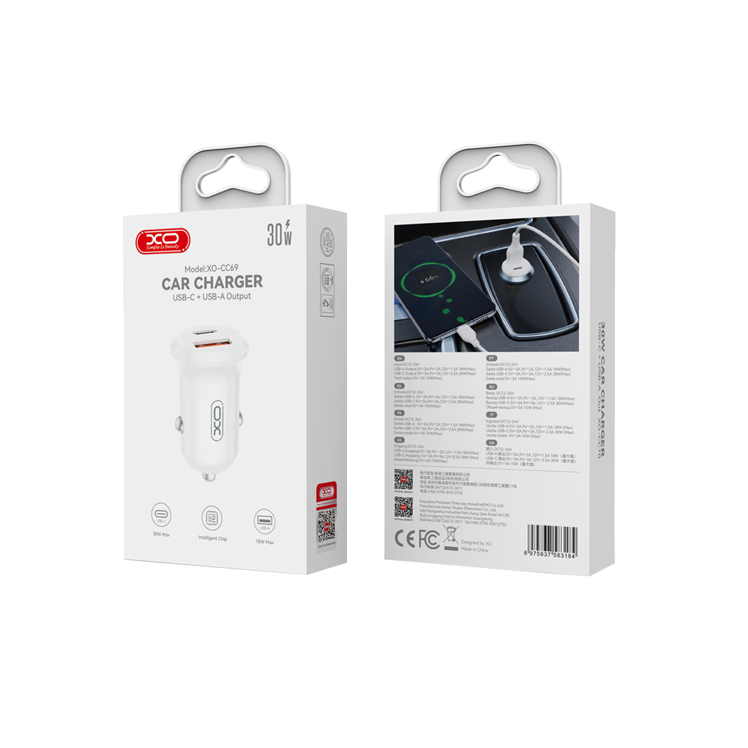 Bil laddare XO Design CC69, 30W, 3A, 1 x USB-A - 1 x USB-C, Vit