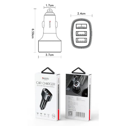Bil laddare Yesido Y46, 42W, 3A, 3 x USB-A, Svart