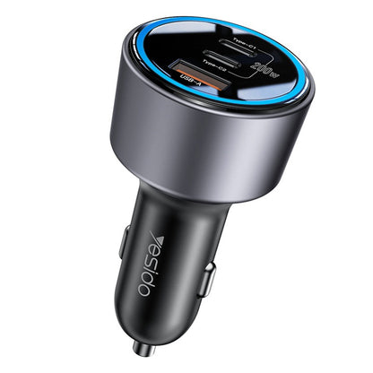 Bil laddare Yesido Y59, 200W, 5A, 1 x USB-A - 2 x USB-C, Svart