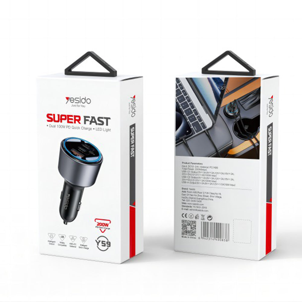 Bil laddare Yesido Y59, 200W, 5A, 1 x USB-A - 2 x USB-C, Svart