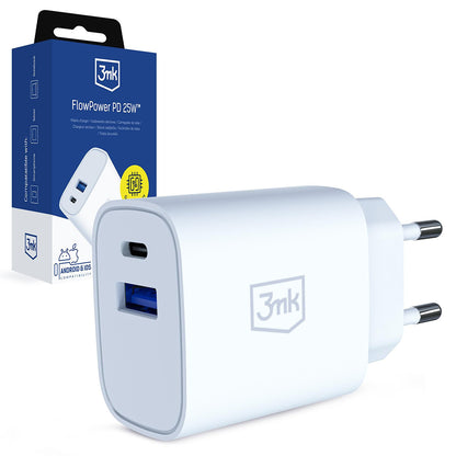 Nätadapter 3MK FlowPower, 25W, 1 x USB-A - 1 x USB-C, Vit