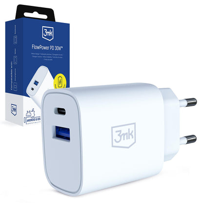 Nätadapter 3MK FlowPower, 30W, 1 x USB-A - 1 x USB-C, Vit