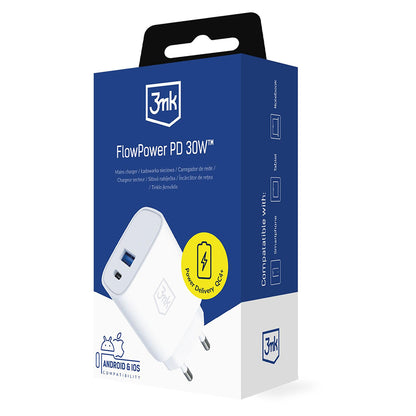 Nätadapter 3MK FlowPower, 30W, 1 x USB-A - 1 x USB-C, Vit