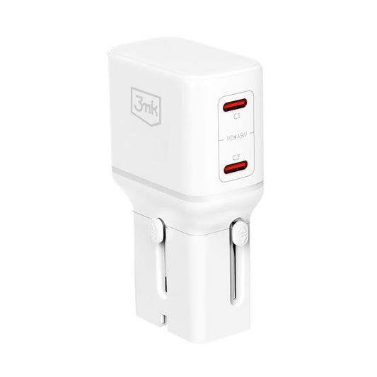 Nätadapter 3MK Globe Travel, 45W, 3A, 2 x USB-C, Vit