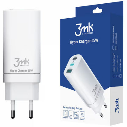 Nätadapter 3MK HyperCharger, 65W, 5A, 1 x USB-A - 2 x USB-C, Vit