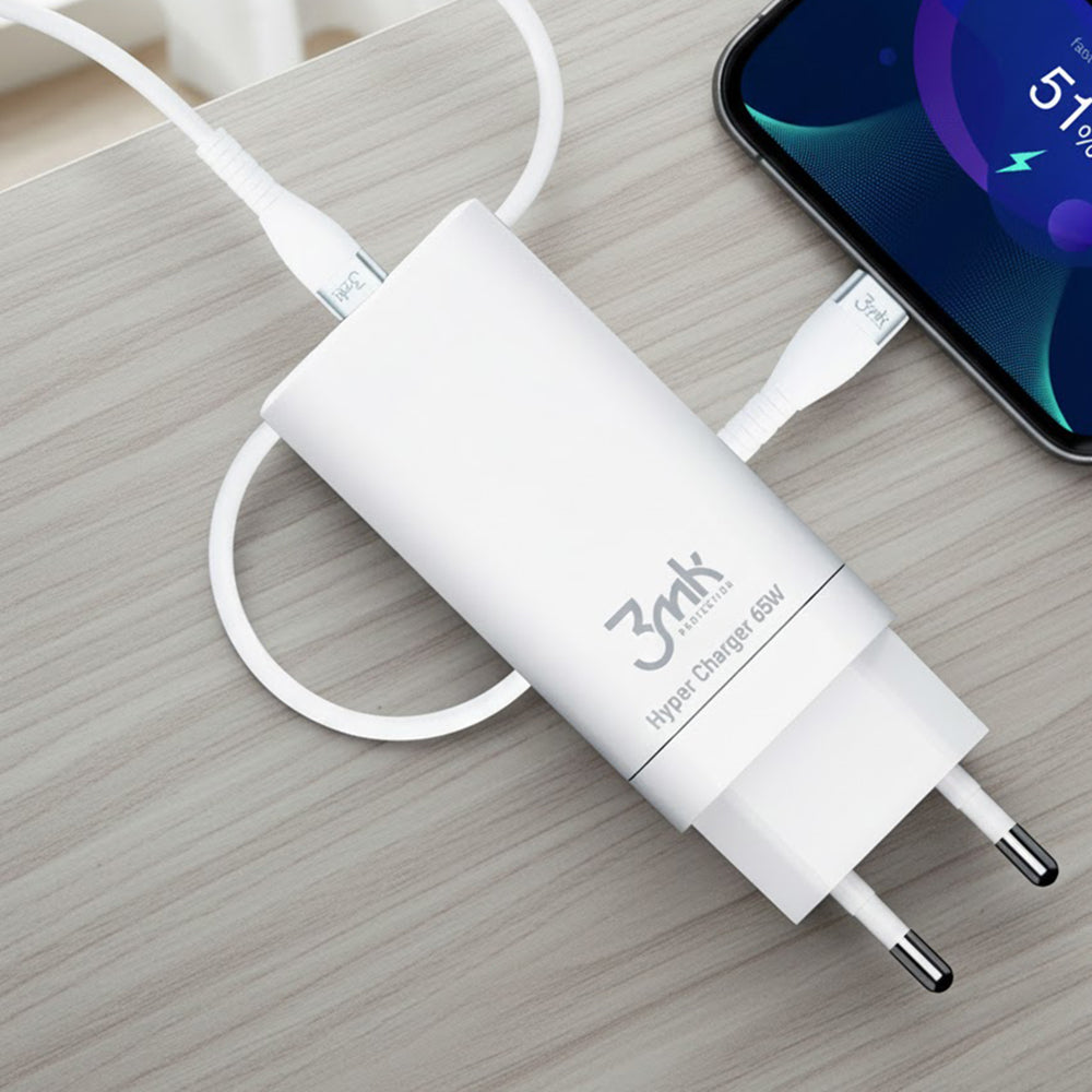 Nätadapter 3MK HyperCharger, 65W, 5A, 1 x USB-A - 2 x USB-C, Vit