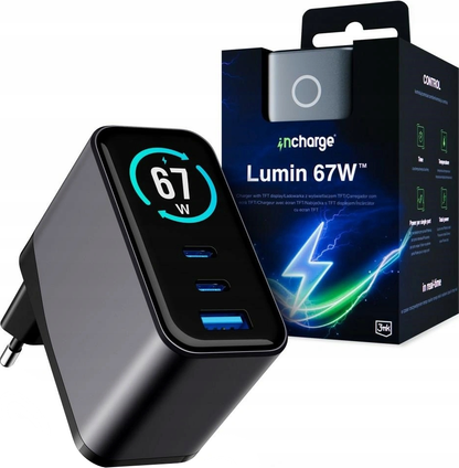 Nätadapter 3MK InCharge Lumin Display, 67W, 5A, 1 x USB-A - 2 x USB-C, Svart