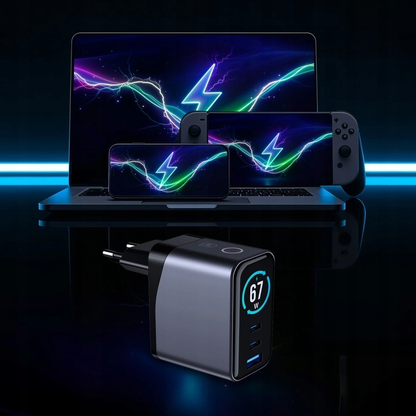 Nätadapter 3MK InCharge Lumin Display, 67W, 5A, 1 x USB-A - 2 x USB-C, Svart