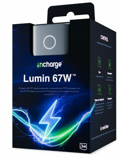 Nätadapter 3MK InCharge Lumin Display, 67W, 5A, 1 x USB-A - 2 x USB-C, Svart