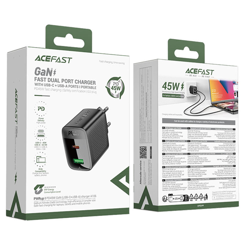 Nätverksladdare Acefast A106, 45W, 3A, 1 x USB-A - 1 x USB-C, Svart