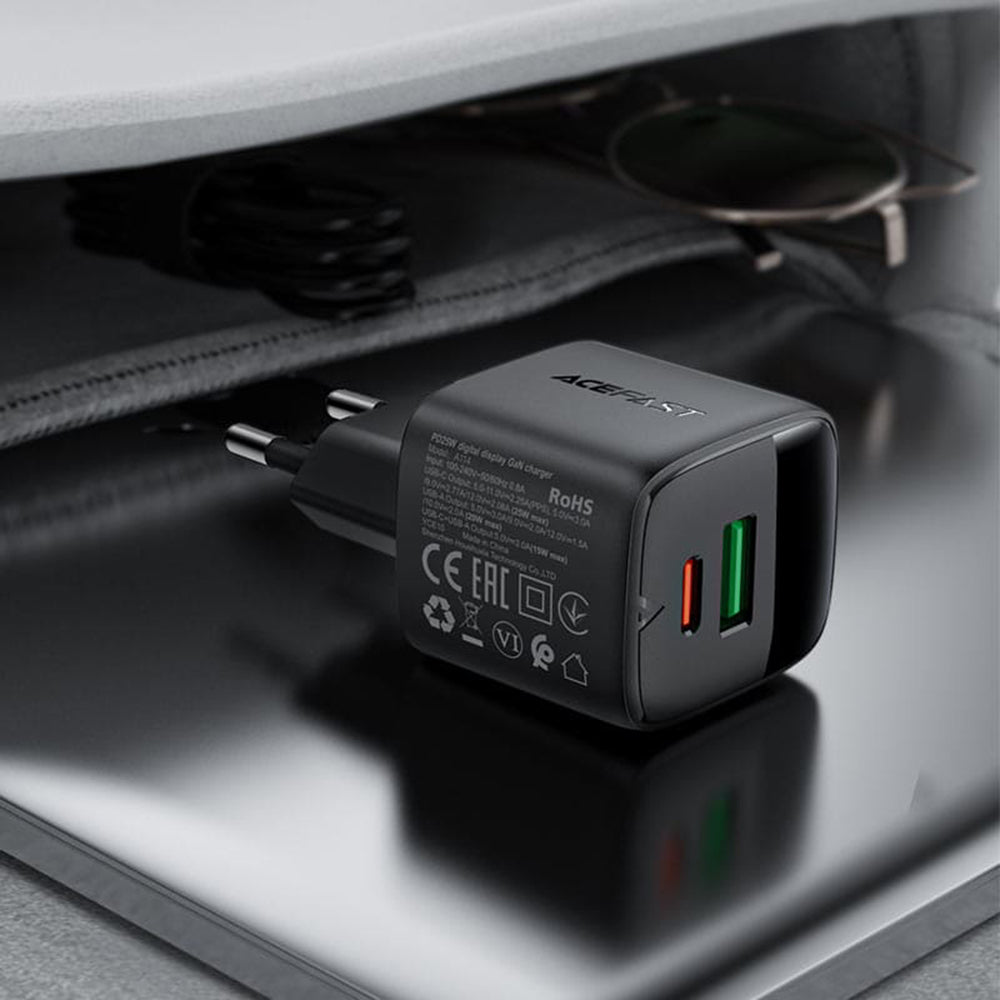 Acefast A114 Display Network Charger, 25W, 3A, 1 x USB-A - 1 x USB-C, Black