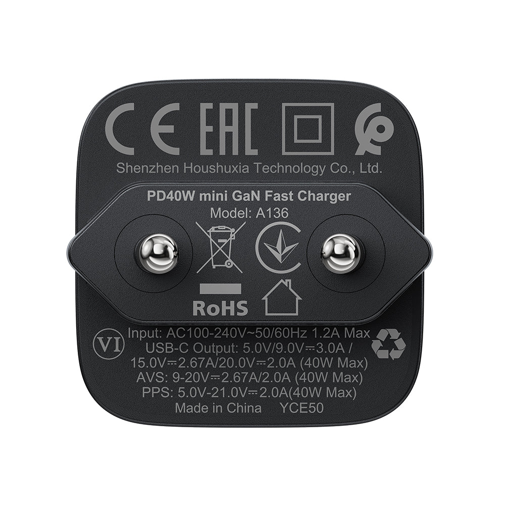 Nätverksladdare Acefast A136, 40W, 3A, 1 x USB-C, Svart