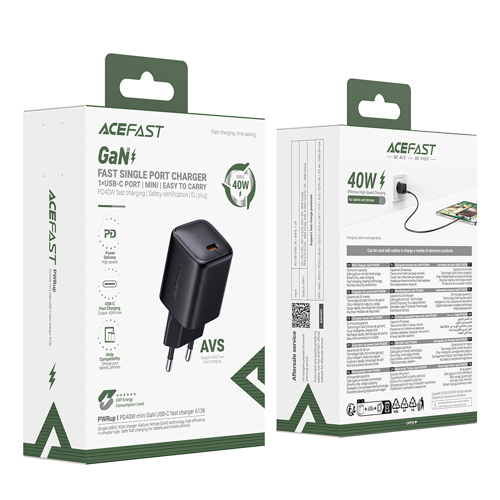 Nätverksladdare Acefast A136, 40W, 3A, 1 x USB-C, Svart