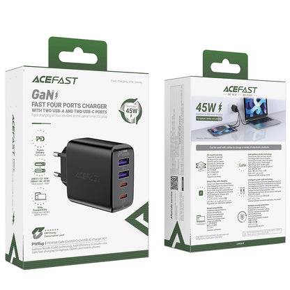 Nätadapter Acefast A61, 45W, 3A, 2 x USB-A - 2 x USB-C, Svart