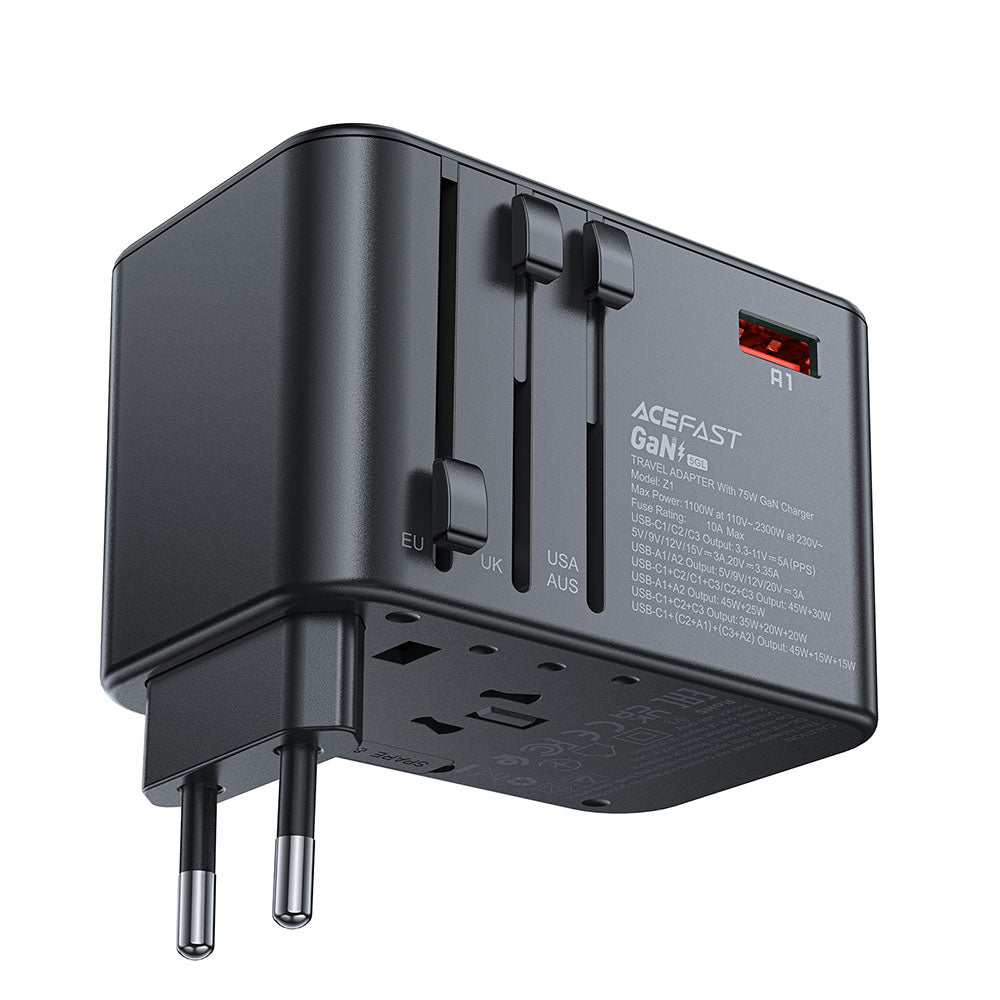 Acefast Travel Z1 nätverksladdare, 75W, 3.35A, 2 x USB-A - 3 x USB-C, Svart