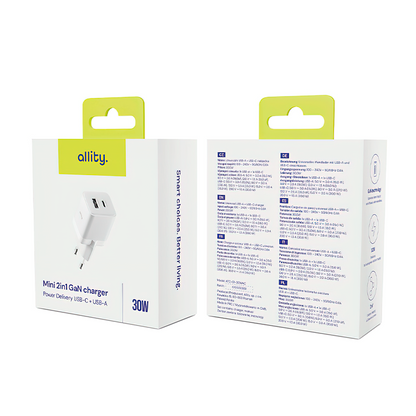 Nätverksladdare Allity. ATC-01-30WAC Mini, 30W, 3A, 1 x USB-A - 1 x USB-C, Vit