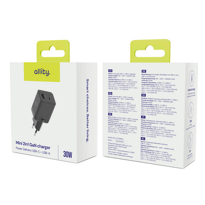 Allity Nätverksladdare. ATC-01-30WAC Mini, 30W, 3A, 1 x USB-A - 1 x USB-C, Svart