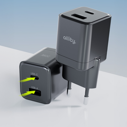 Allity Nätverksladdare. ATC-01-30WAC Mini, 30W, 3A, 1 x USB-A - 1 x USB-C, Svart