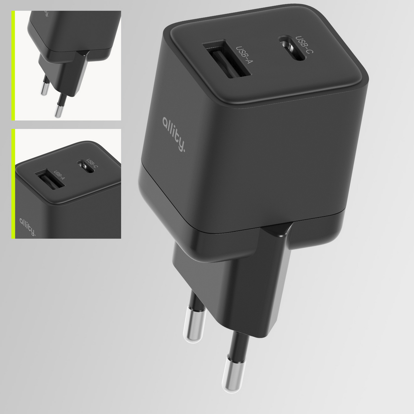 Allity Nätverksladdare. ATC-01-30WAC Mini, 30W, 3A, 1 x USB-A - 1 x USB-C, Svart