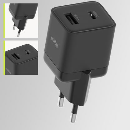 Allity Nätverksladdare. ATC-01-30WAC Mini, 30W, 3A, 1 x USB-A - 1 x USB-C, Svart